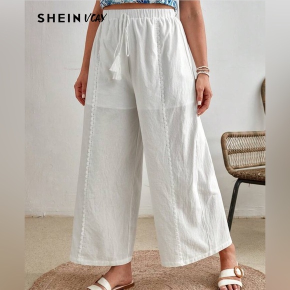 SHEIN Curve Plus Size White Wide Leg Pants Lace Trim Down Legs Drawstring 5X 22W - Picture 1 of 13